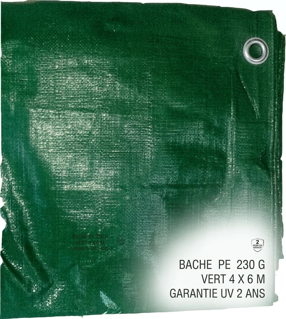 BACHE PE 230 G VERT  4 X 6 M  GARANTIE UV 2 ANS