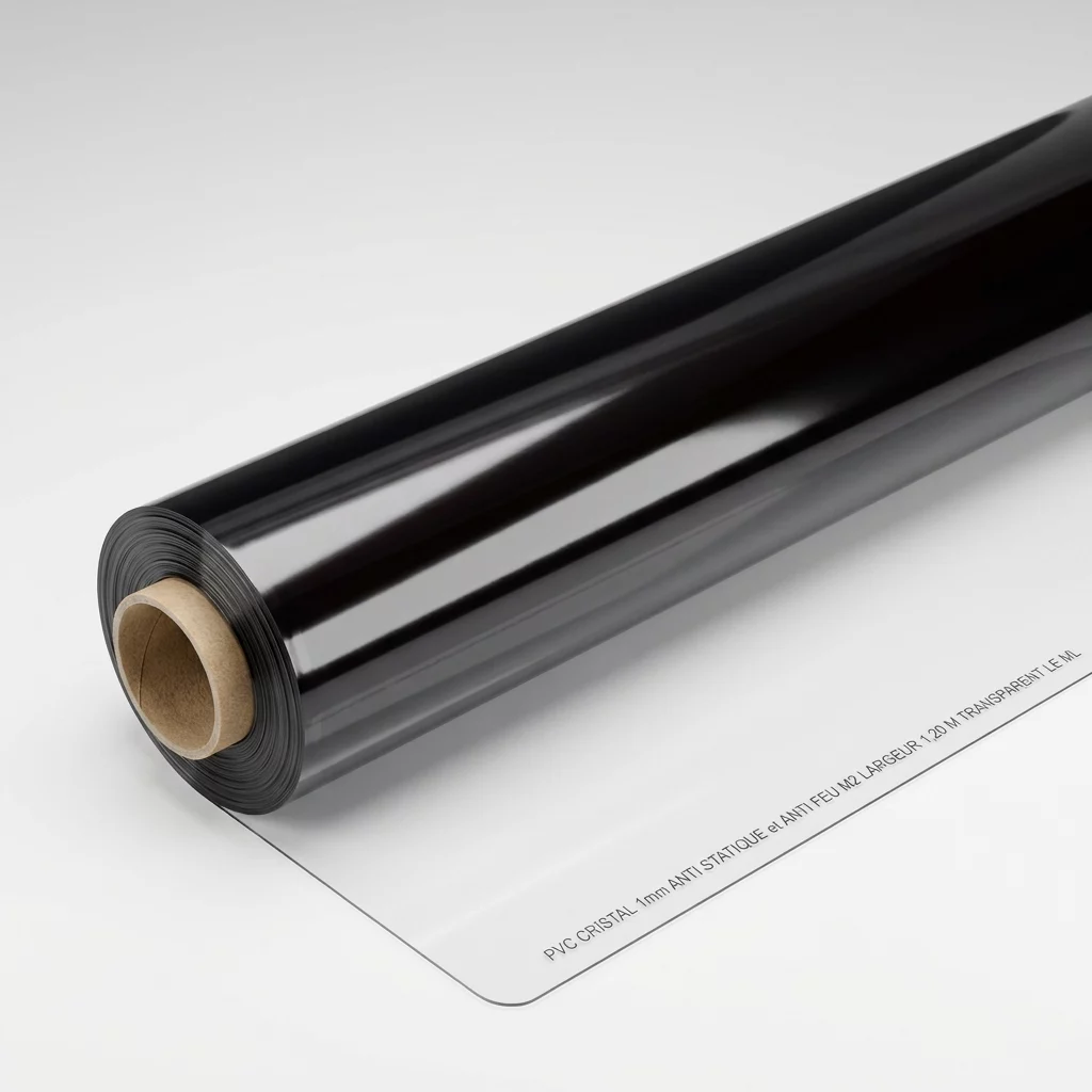 PVC CRISTAL 1mm  ANTI STATIQUE et ANTI FEU M2 LARGEUR 1,20 M TRANSPARENT LE ML